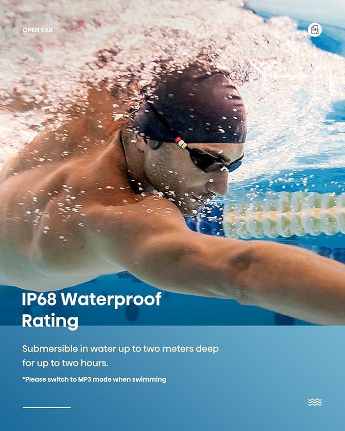 SAMVEK Swimming Headphones Underwater, IP68 Waterproof Bone Conduction Headphones for Swimming, Open Ear Bluetooth 5.4 Earbuds with MP3 Mode 32GB Memory, 8 Hours Playtime for Cycling, Running