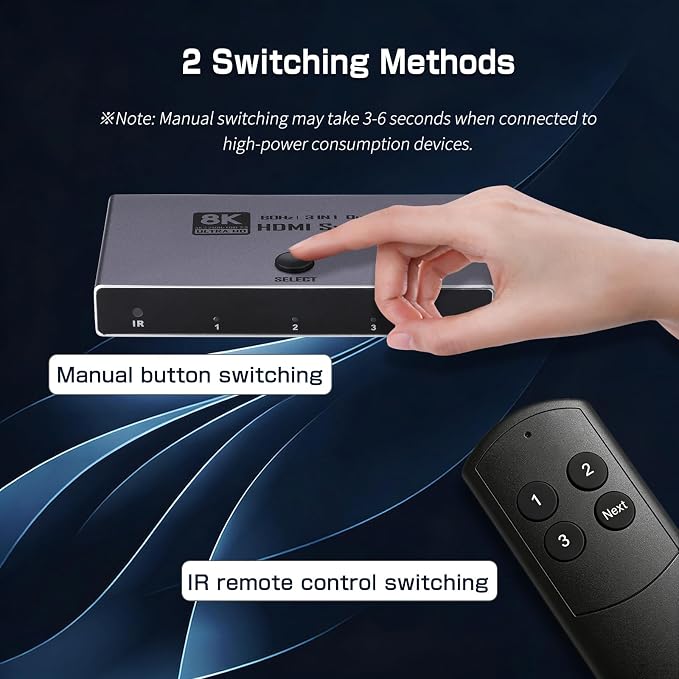 2026 Upgrade 8K HDMI 2.1 Switch, HDMI 2.1 Switcher 3 In 1 Out Supports CEC 8K@60Hz, 4K@240Hz, 1080P@480Hz HDCP 2.3 HDR Dolby Atmos VRR Compatible with PS5 Xbox Blu-Ray Player with IR remote controller