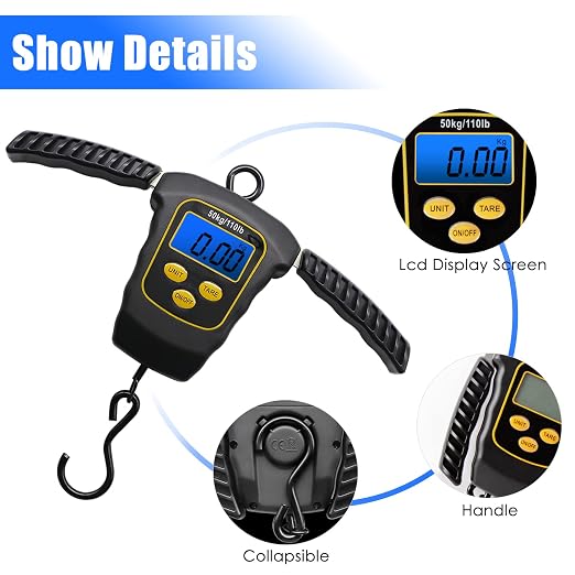 Fish Scale 110lbs/50kg Portable Hanging Fishing Weight Scale Digital Spring Balance Folding Handles Bag Weight Scale Waterproof Hanging Hook Scale with Back-lit LCD Display Fishing Gift for Men