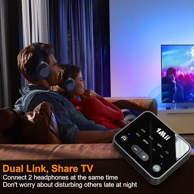 1Mii Bluetooth 5.3 Transmitter for TV to 2 Wireless Headphones, Long Range 100ft Bluetooth Adapter for TV aptX Adaptive & HD/Volume Control, Optical/AUX/RCA Audio Inputs