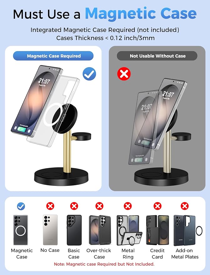 Magnetic Wireless Charger for Samsung, 3 in 1 Super Fast Charging Station Compatible with MagSafe, Phone Charger Stand for Samsung Galaxy S26 Ultra S25 Z Fold/Flip 7, Watch Ultra 8 7 6, Buds 4/3 Pro