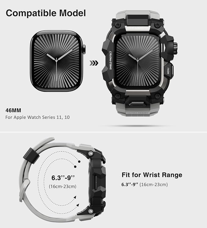 ULTIMAL Rugged Case with Band for Apple Watch 46mm,Compatible with Apple Watch Series 11/10, Military Grade Shockproof Bumper Cover for iWatch Tactical Band Men (46mm,Grey)