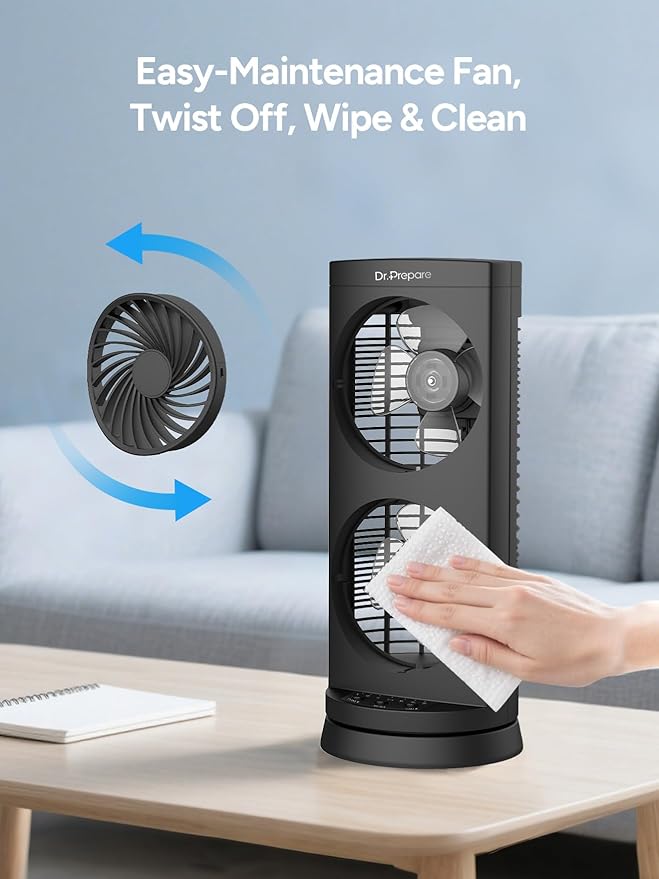 Dr. Prepare Tower Fan DC Oscillating Fan, Portable Desk Fan with 3-Speed Options, Dual Air Circulation, 110° Oscillation, 3 Timers, Personal Quiet Table Fan for Home Office Desktop Bedroom, 13 inch