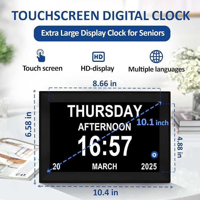 10.1" Touchscreen Digital Calendar Alarm Clock, Dementia Clocks for Seniors Extra Large Display Clock with Day and Date for Elderly, 40 Reminders&64 Alarms&Auto-Dimming&Auto DST(Black)