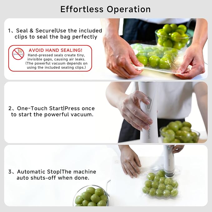 Mehomeli Compact Vacuum Sealer for Food (Vacuum Sealer Machine + 10 Reusable Vacuum Bags), Powerful Handheld Vacuum Sealer Machine, Seal Food 6X Fresh Longer, Portable & Wireless, Easy-Clean