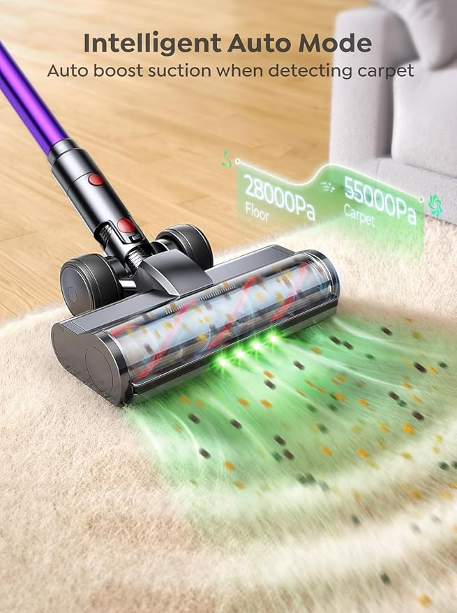 Cordless Vacuum Cleaner, 650W 55KPA 70Mins Vacuum Cleaners for Home, Stick Vacuum with Wall Mount Charging, Auto Mode, LED Touchscreen, 1.8L Dust Cup, Handheld Vacuum for Pet Hair/Carpet/Floor