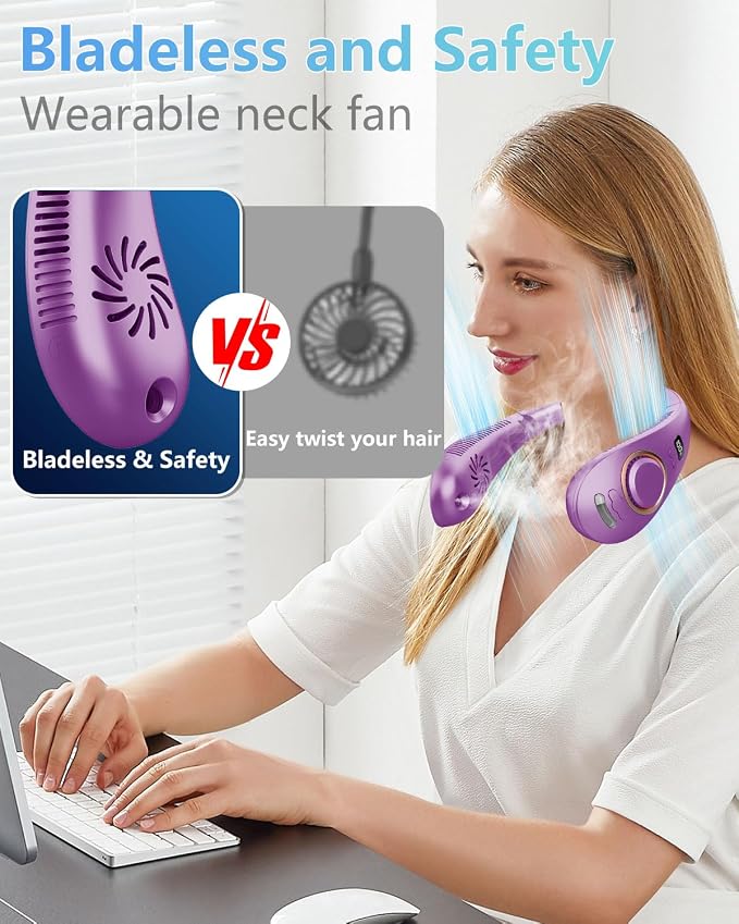 Portable Neck Fan Rechargeable,Bladeless Misting Fan Around Neck Fans that Blow Cold Air,Wearable Cooling Fan Mister Over the Neck,Headband Mobile Nevk Cooler Best Gifts for Women Men Adults Purple