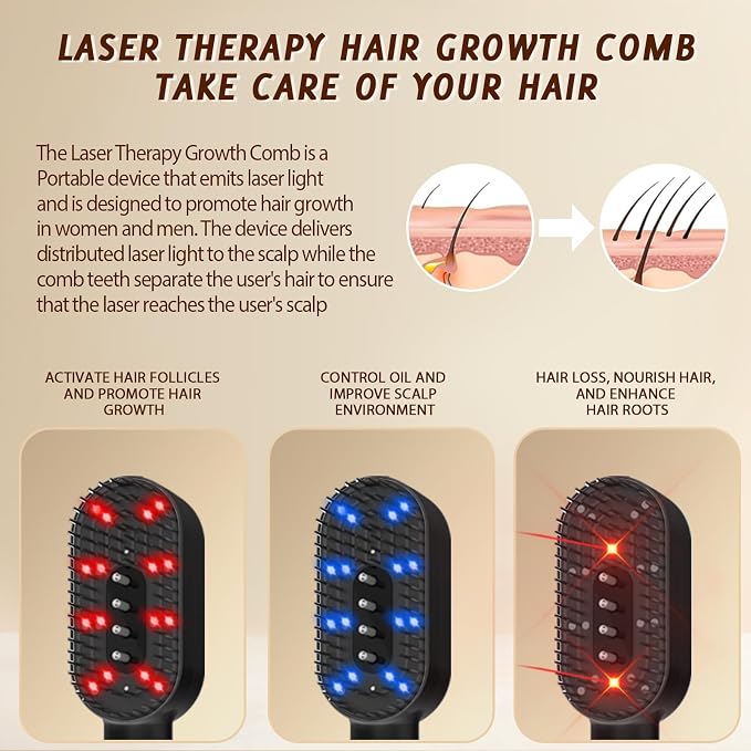 Laser Hair Growth Comb - FDA Cleared 650nm LLLT Red Light Therapy for Thinning Hair Regrowth, Vibrating Scalp Massager Promotes Fuller, Thicker Hair Rechargeable for Men & Women - Black