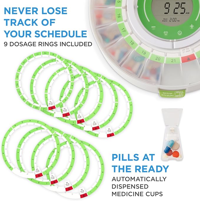 LiveFine Automatic Pill Dispenser with Removable Cups, 21 Compartments, 9 Dosage Rings, Alarm Reminder, LCD Display, Sound & Light Alerts, Locking Key for Vitamins, Supplements, Medications & Seniors