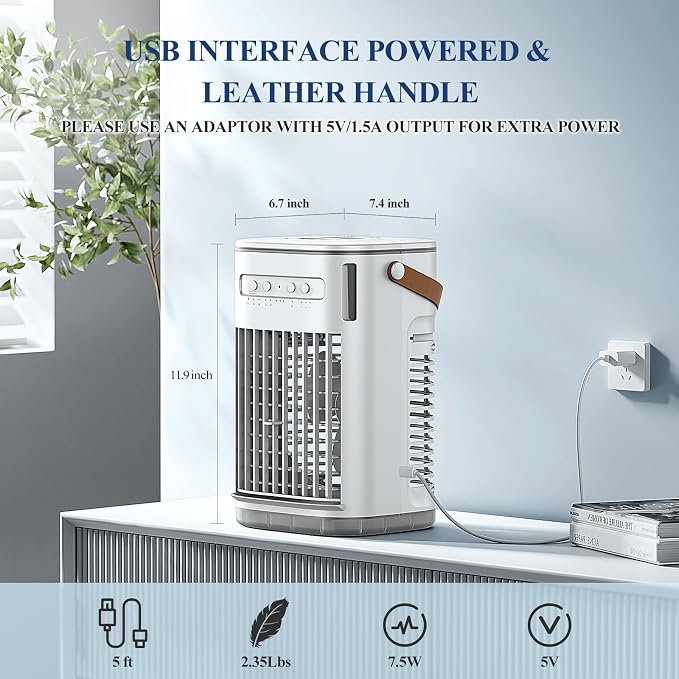 Portable Air Conditioners, 3-1 Mini Evaporative Air Cooler w/Remote, 1.2L Water Tank & 2 Ice Boxes, 7H Timer, USB Charging, 3 Speeds & 7 Color Lights, Personal Desktop Fan For Home Office Outdoors