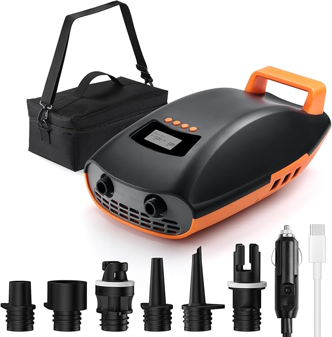 Swonder Seawolf Dual-Power Paddle Board Pump, 2X Faster Electric Air Pump for SUP & Kayak, 20 PSI with Dual Cylinders, Active Cooling, 6000mAh Battery & Car Adapter, Plug Adaptable Up to 17V DC