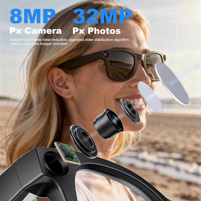 Ai Smart Glasses with Camera,8MP HD 1080P Camera Glasses for Men Women,Video Recording Glasses with Audio, Translation Sunglasses,Voice Assistant, Open-Ear Audio for Travel, Meetings & Vlogging