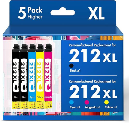 212XL 212 XL Ink Cartridges Combo Pack: Remanufactured Replacement for Epson Printer Workforce WF-2850 WF 2850 2830 WF-2830 WF-2810 Expression Home XP-4100 XP 4100 4105 XP-4105 (5 Pack-2BKCMY)