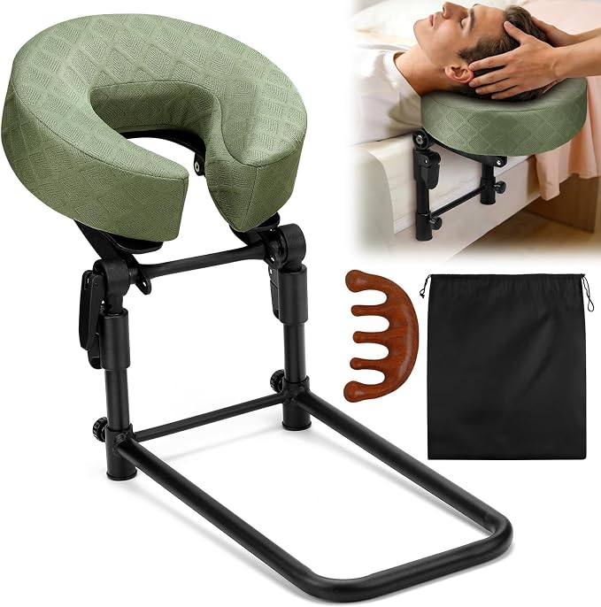 Massage Headrest for Bed with Scalp Massager Storage Bag, Adjustable Home Bed Massage Head Holder for Sleeping Mattress, Massage Face Cradle Face Down Pillow