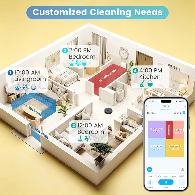 T20+ Robot Vacuum and Mop Combo Self‑Emptying with 6000Pa Suction, LiDAR Navigation, Home Mapping, 75‑Day Capacity, 180 Mins Runtime, APP&Voice&Remote, Robot Vacuum Cleaner for Hair, Floors, Carpets