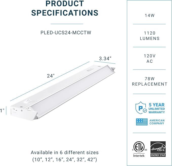 PARMIDA LED Swivel Under Cabinet Lighting, Hardwired or Plug-in Installation, 24 Inch, 14W, 5CCT Color Selectable - 2700K/3000K/4000K/5000K/6000K, Rotatable Lens, Dimmable, Linkable, 120V, 1120LM, ETL