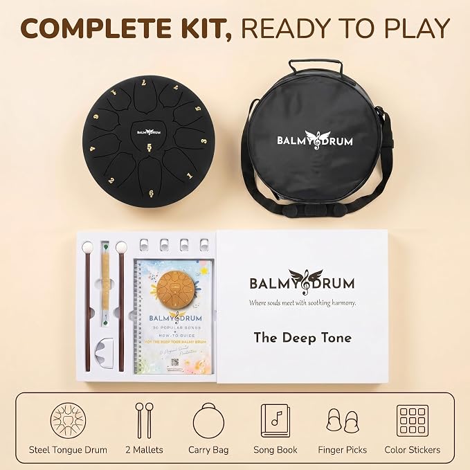Balmy Drum Steel Tongue Drum 10 inch 11 Notes 440Hz, Handpan Drum with Music Book, Mallets, Carry Bag, Finger Picks, Rain Drum for Outdoor, Meditation Yoga Calming Instruments for Adults Kids (Black)