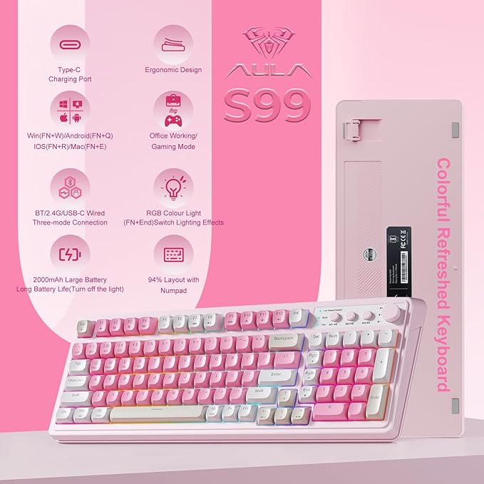 AULA S99 Gaming Keyboard, Wireless Computer Keyboards, Tri-Mode Bluetooth Creamy Custom Keyboard with Number Pad, RGB Backlit Media Knob Cute Programmable Keyboard for PC Gamer - Gradient Blue
