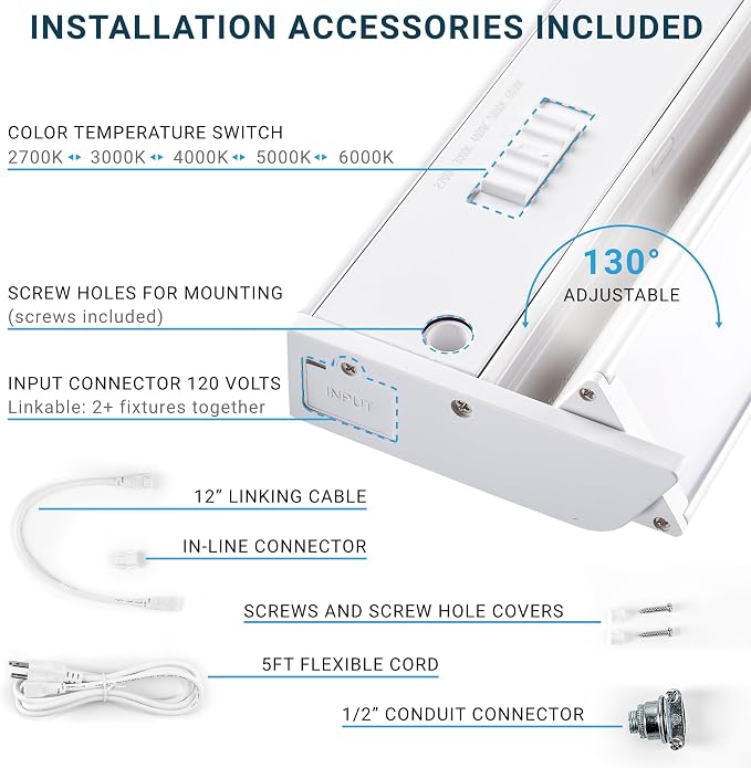 PARMIDA LED Swivel Under Cabinet Lighting, Hardwired or Plug-in Installation, 24 Inch, 14W, 5CCT Color Selectable - 2700K/3000K/4000K/5000K/6000K, Rotatable Lens, Dimmable, Linkable, 120V, 1120LM, ETL