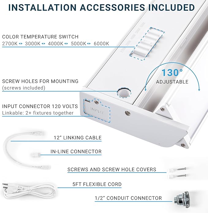 PARMIDA LED Swivel Under Cabinet Lighting, Hardwired or Plug-in Installation, 16 Inch, 10W, 5CCT Color Selectable - 2700K/3000K/4000K/5000K/6000K, Rotatable Lens, Dimmable, Linkable, 120V, 800LM, ETL