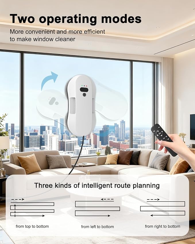 Automatic Window Cleaning Robot for High Windows with 3000Pa Strong Suction, Dual-Nozzle, Power Failure Protection & Safety Rope, 10 Double-Sided Replacement Cloths