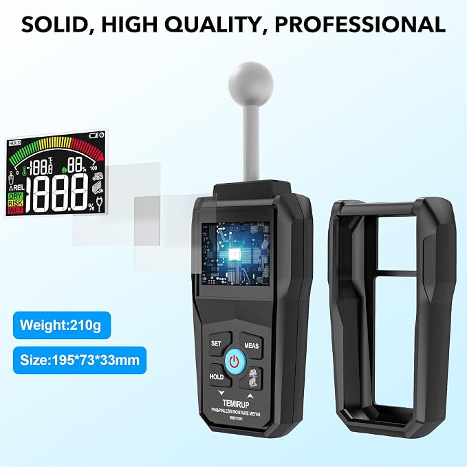 2-in-1 Pin & Pinless Moisture Meter, Digital Moisture Detector for Wood, Drywall & Building Materials, Large Color LCD Display, Acoustic Alarm, Calibration, Detects up to 20-40 mm Below Surface