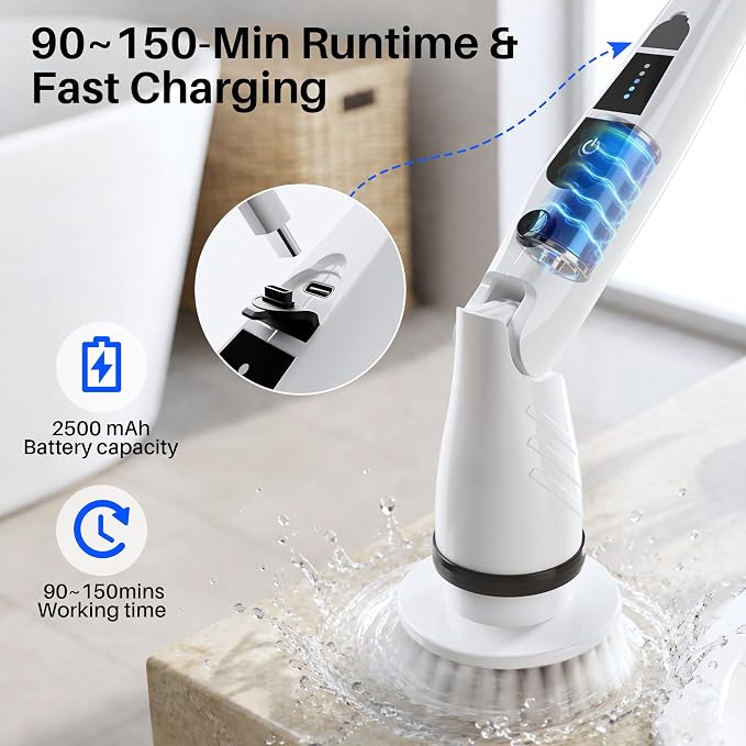JOYMOOP Electric Spin Scrubber, Cordless Cleaning Brush 450 RPM with 100-Min Runtime, IPX7 Waterproof Power Scrubber with 8 Brush Heads, Adjustable Long Handle for Bathroom, Floor, Tile, Kitchen