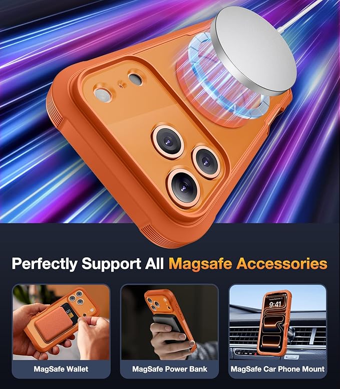 Diaclara Magnetic Designed for iPhone 17 Pro Case 6.3'' [Full Camera Protection] Full Body Bumper,[Compatible with MagSafe] Phone Case w/Built-in Privacy Screen Protector,Orange