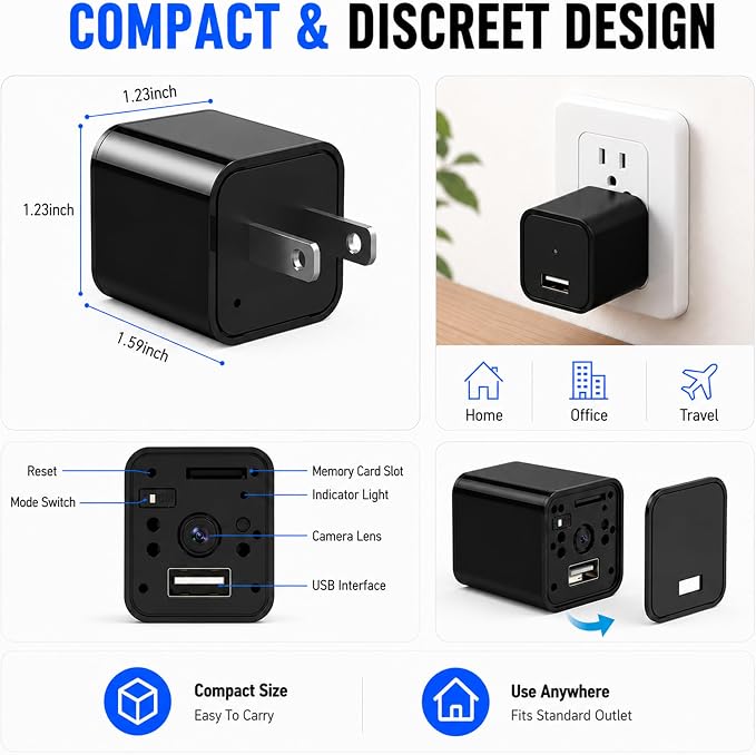 64G USB Charger Hidden Camera, 1080P Motion Detection Indoor Security Camera with SD Card Included, No WiFi/Monthly Fee, 106° Wide Angle, Local Storage Home Monitoring Device (2026 Upgraded)