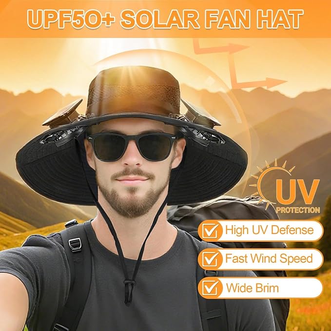 Solar Fan Hat for Men - Wide Brim Cooling Hat with 2 Built-in Solar & USB Rechargeable Fans for Fishing Hiking