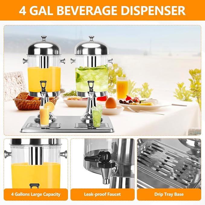 Drink Dispenser with Stand, 4.2 Gallon Beverage Dispenser for Parties, Stainless Steel Dual-Head Juice Dispenser with Centre Ice Core and Drip Trays for Parties, Buffet Cafeterias, Homes
