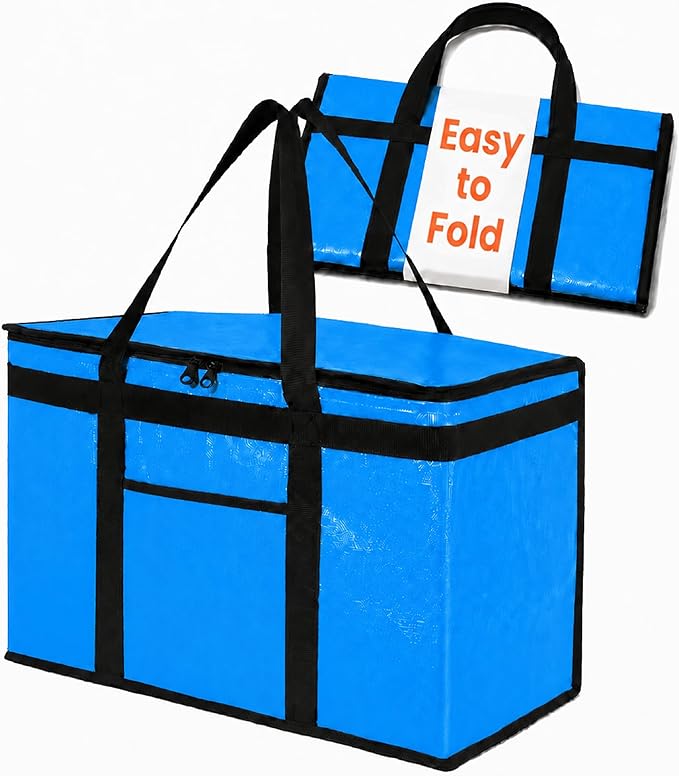 NZ home Insulated Bags for Food Delivery (2XL PRO) Grocery Shopping Cooler Bag, Pizza Delivery, Hot & Cold Catering Tote, Reusable, Foldable & Heavy Duty (Blue)