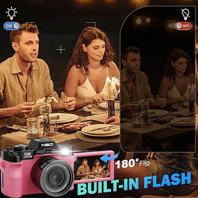 True 5K Digital Cameras for Photography 64MP - 16X Zoom, WiFi, with 64GB TF Card, Wide-Angle & Macro Lens, Autofocus & Anti-Shake, Vlogging Camera for YouTube Travel (Pink)