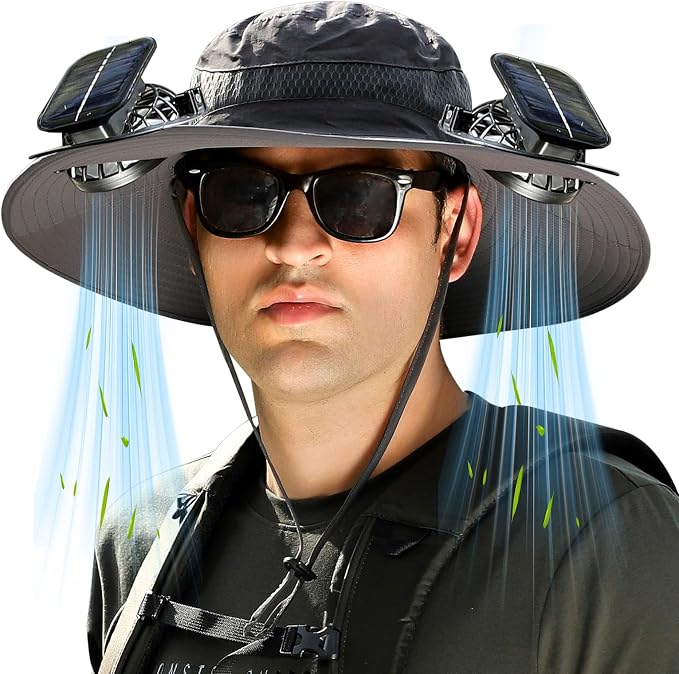 Solar Fan Hat Wide Brim Sun Hat with 2 Solar Fan, Solar Powered & USB Charging Hat Fishing Hat with Fan for Men
