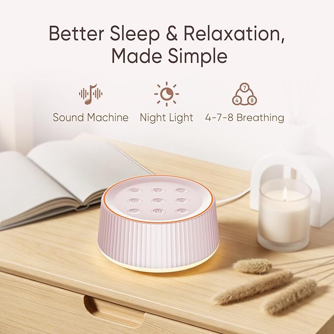 Noise Machine, White Noise Sound Machine for Baby & Adults, 26 Soothing Sounds, 8 Night Light Colors, Tap Control, 6 Timer Settings, Auto-Off & Memory, 4-7-8 Breathing (Blue, Standar)