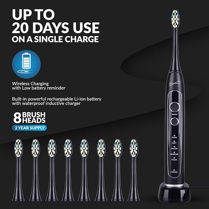 Supersonic TB-5100 Sonic Zoom Advanced Whitening Electric Toothbrush | 40,000 VPM | Wireless Charging | 5 Cleaning Modes | 8 Brush Heads | Auto Timer | Travel Case | Black