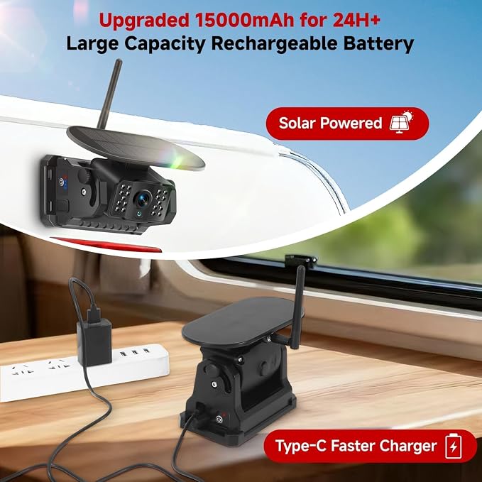 Dual Wireless Magnetic Backup Camera with 7” 1080P HD 4CH Monitor | Solar 15000mAh Rechargeable Night Vision Rear Camera, DVR Loop Recording Waterproof No Delay for Truck RV Camper Trailer Boat