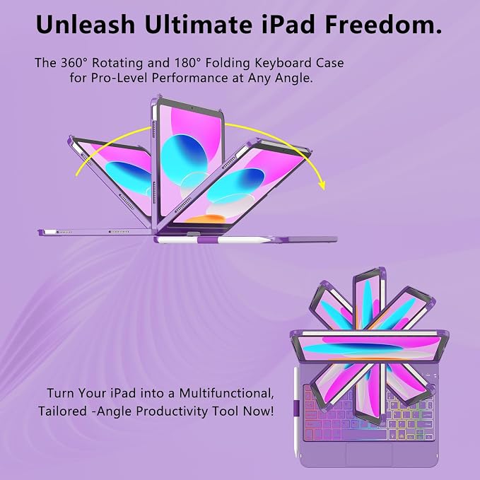 HOTLIFE for iPad A16 11th Generation/10th Generation Case with Keyboard,Touch Keyboard for iPad 11" /10th Gen 10.9 inch 2022-10 Color Backlight, 360° Rotatable Protective Cover (Purple)