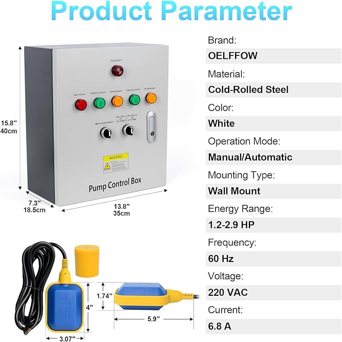 2 HP Well Pump Control Box, 220V Single Phase, 2 AC Contactors, 2 Float Switch, Ultra-high Water Level Alarm, Manual/Automatic, Safe & Reliable for Submersible Well Pump