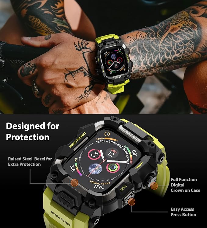 ULTIMAL Rugged Case with Band for Apple Watch Band 45mm,Compatible with Apple Watch Series 9/8/7 45mm Men,Military Grade Shockproof Bumper Cover for iWatch Tactical Band Men (45mm,Fluorescent Green)