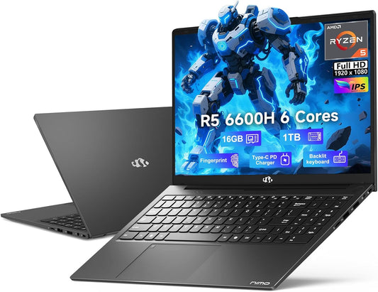 NIMO 15.6" IPS FHD-Gaming-Laptop, AMD Ryzen 5 6600H 6-Cores 660M GPU 16GB DDR5 RAM 1TB SSD(Beat i7-1165G7, Up to 4.5GHz) Computer with 100W GaN Type C Fingerprint Backlit Keyboard Win 11