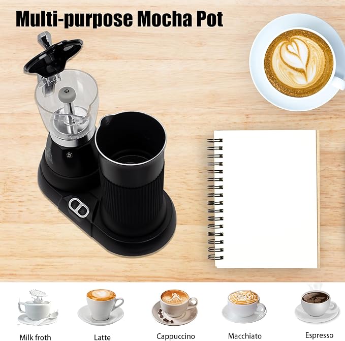Espresso Maker with Milk Frother Electric Moka Pot 2-in-1 Espress Machine Aluminium One-Touch Operation Milk Froth Fine and Dense Black 110V