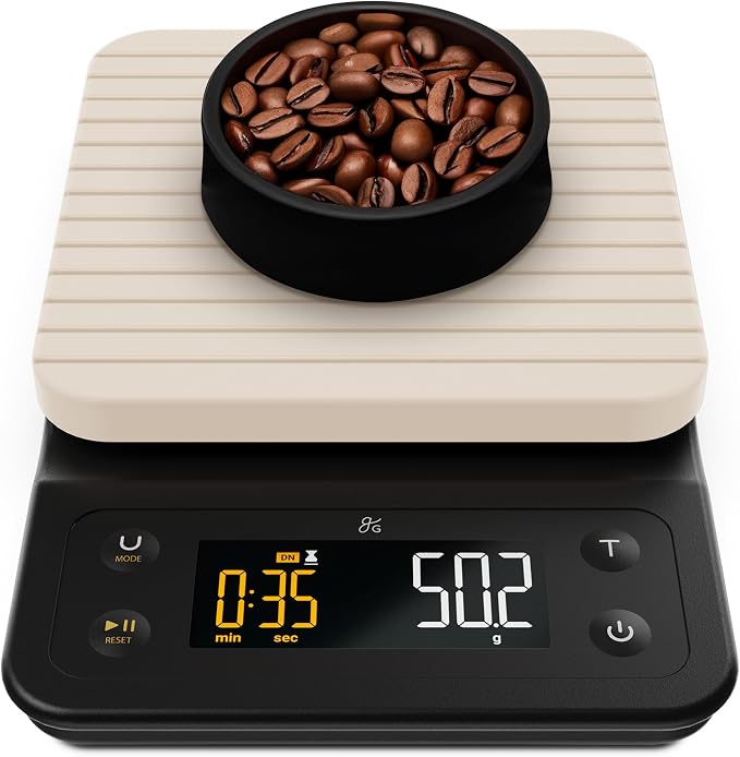 Greater Goods Coffee Scale with Timer, 0.1g Precision Digital Espresso & Pour Over Scale for Chemex, V60, Drip & Matcha Weighing, Waterproof Silicone Cover, 6.6lb Barista Brew Capacity (Birch White)