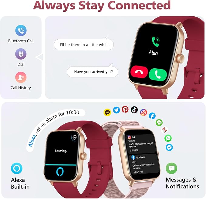 Smart Watch for Women Men, 1.85" Alexa Fitness Tracker with Call & SMS, Heart Rate, SpO2, Stress & Sleep Monitor, IP68 Waterproof Smartwatch for Android iPhone Samsung etc., 100+ Sports Modes, 2 Bands