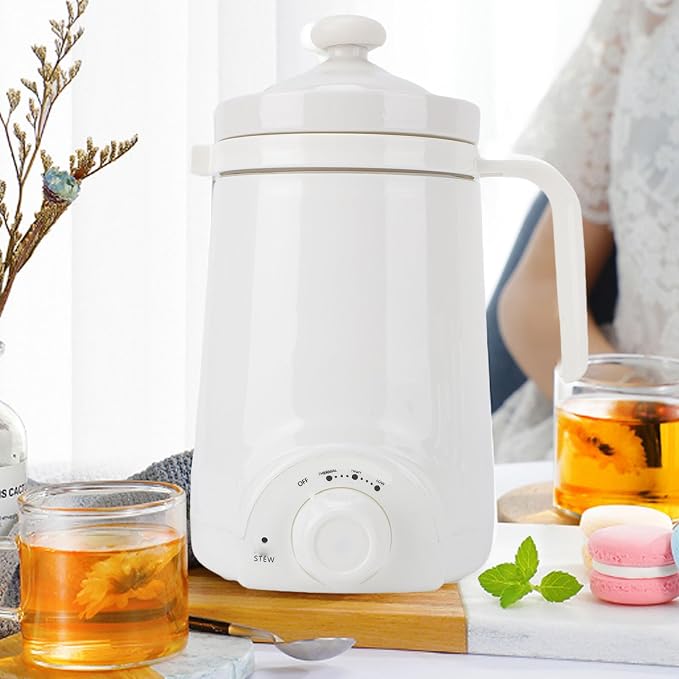 Asixxsix Electric Stew Cup, 500ml Portable Ceramic Soup Pot with Spoon, for Office Dormitory Apartment, 70W Low Power Consumption, One Key Control, for Porridge Soup Noodle Tea