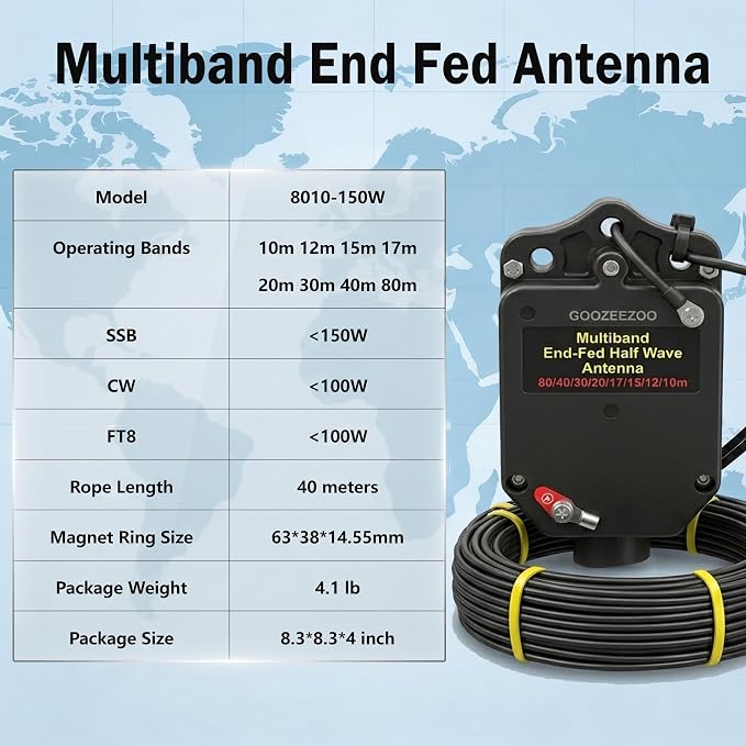 JYR8010-150W End Fed Half Wave Antenna for Ham Radio 8 Band 10m 12m 15m 17m 20m 30m 40m 80m Long Wire Antenna, 1:64 Balun No Tuning Great for POTA/SOTA