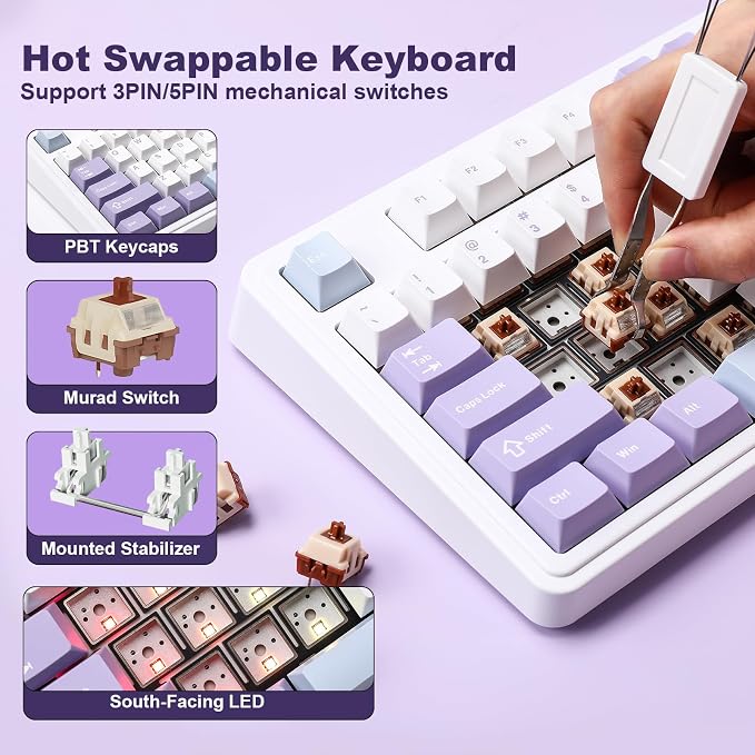 AJAZZ AK980 Mechanical Keyboard, Creamy & Thocky with Smart Display & Knob, 98% Wireless Tri-Mode BT/2.4G/USB-C, Hot Swappable, RGB Light for Win & Mac (Purple, Murad Switch)