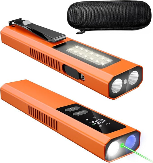 EDC Flashlight 4 in 1 Pocket Magnetic Slim Flat Flashlight High Lumens Work Light with Green Beam & UV Light & Warning Light Combo EDC Rechargeable LT-010 (Orange Color)