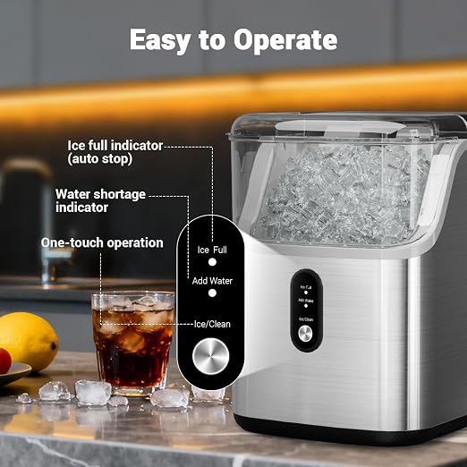 Nugget Ice Maker Countertop, 40lbs/Day Stainless Steel Small Soft Chewable Pebble Ice Machine, Pellet Ice Crunchy Nuggets, Quiet Mini Chewy Ice Maker Self Cleaning for Home Kitchen Office