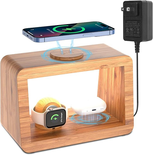 Bamboo Wireless Charging Station: Fast Charger Stand for iPhone 15/14/13/12/11 Pro Max/X/Xs Max/8, AirPods Pro, iWatch Series SE - 3-in-1 Dock